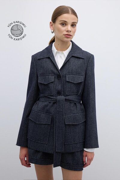 Roman Yün Karışımlı Beli Kemerli Ceket Lacivert K2616023_015