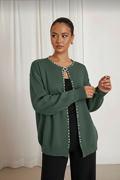 NEWCO Сучасний дизайн трикотажного кардигану з вишуканим виглядом завдяки перловим ґудзикам та обробкою каменями - çağla