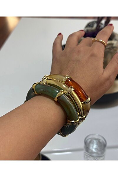 mibrillo Agate Stone and Gold Detailed Bone 3-Piece Bracelet