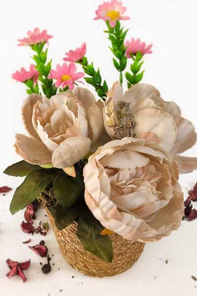 Home Bej Şakayık Yapay Aranjmanı Hasır Saksıda