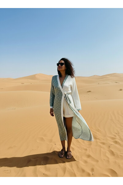 SARE ERKMEN كيمونو صيفي طويل مقاس كبير باللونين الأخضر والأبيض