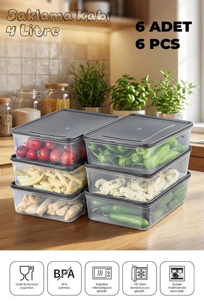 Espas Home مجموعة حاويات تخزين فريش كيب من 6 قطع مناسبة للميكروويف والفريزر العميق - رمادي / 6*4000 مل