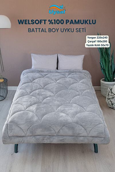 UYSAL WELSOFT AKFİL MİDYE DESEN BATTAL BOY UYKU SETİ GRİ 220x240