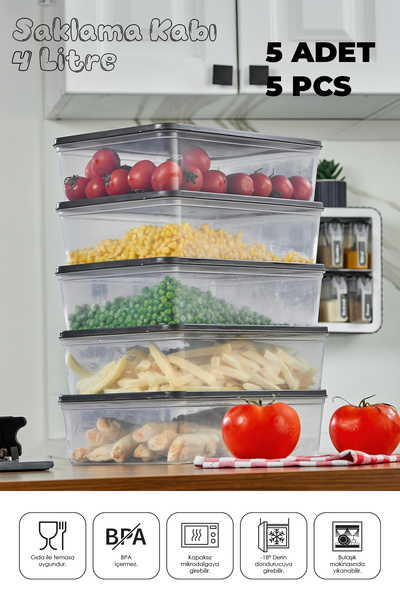 Espas Home مجموعة حاويات تخزين Freshkeep مناسبة للميكروويف والفريزر العميق مكونة من 5 قطع - رمادي / 5*4000 مل