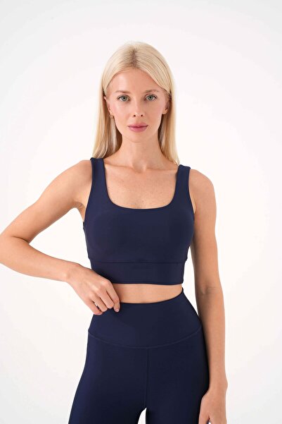 4upower Plain Navy Blue Sports Bra – Wide Band