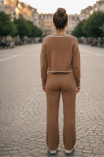 YusGos Women's Crew Neck Shepherd Stitch Knit Crop Sweater Pants Knitwear Top and Bottom Set Milky Coffee-Xs