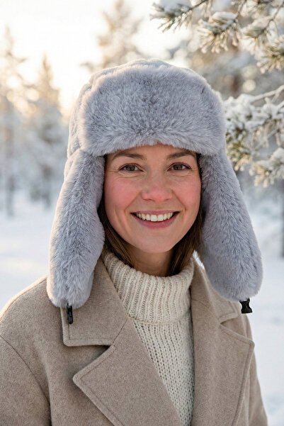 Kapin Gri Kürk Şapka Peluş Şapka