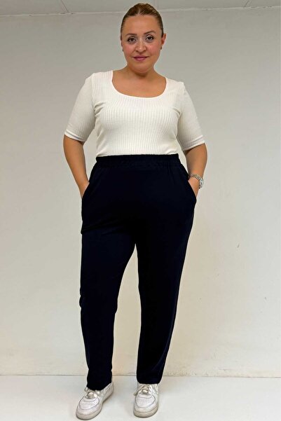 Eslina High Waist Elastic Plus Size Combed Cotton Trousers 39001 - Navy Blue