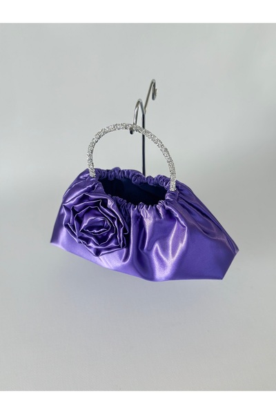 posst bag Geantă de mână pentru rochie de seară din satin mov cu trandafiri