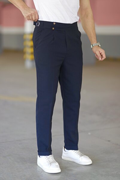 Gussi Navy Blue Old Money Pleated Stretch Fabric Fabric Trousers