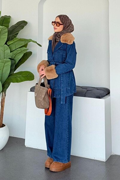 Şulemoda Giyim Denim Sleeve Collar Fur Suit Dark Blue
