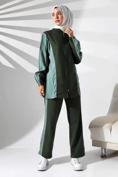 Mihran Butik Women's Seasonal Combed Cotton Bottom Top Sports and Comfortable Khaki Hijab Set