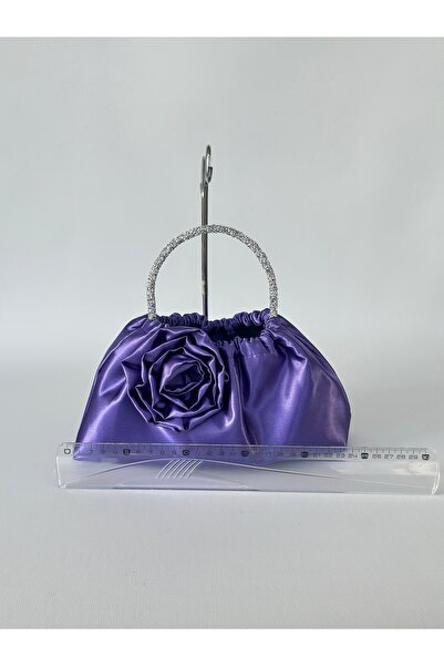 posst bag Geantă de mână pentru rochie de seară din satin mov cu trandafiri