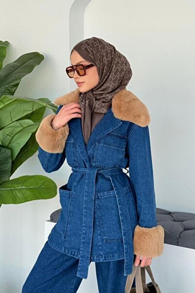 Şulemoda Giyim Denim Sleeve Collar Fur Suit Dark Blue