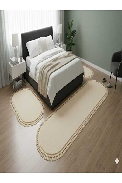 ALTUN CARPET 3lü BEJ Modern BEJ Post Pelüş Kaymaz Ponpon Saçaklı Yatak Odası ...