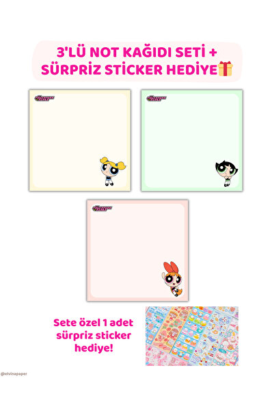 Elvina Paper Power Puff Girls 3'lü Not Kağıdı Seti + Sticker, 9×9 Boyut, 50 Sayfa, Memopad, To Do List