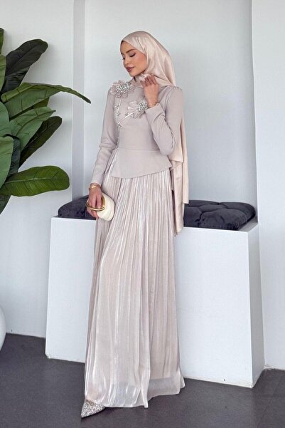 Şulemoda Giyim فستان سهرة من روز ستون باللون البيج