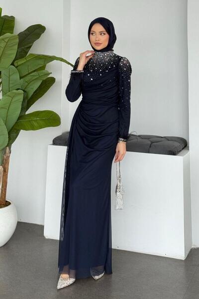 Şulemoda Giyim Βραδινό φόρεμα με μανσέτες από τούλι με πούπουλα σε μπλε ναυτικό