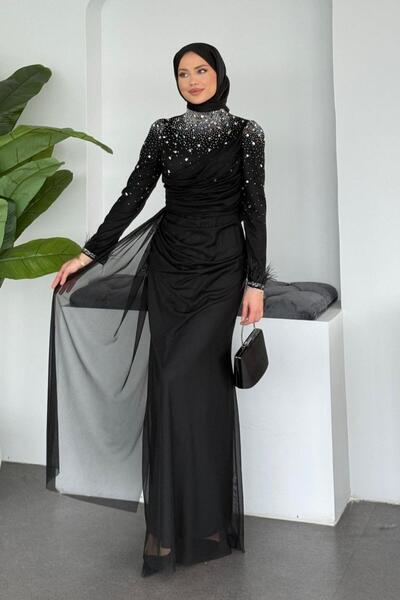 Şulemoda Giyim Βραδινό φόρεμα με μανσέτες από τούλι μαύρο