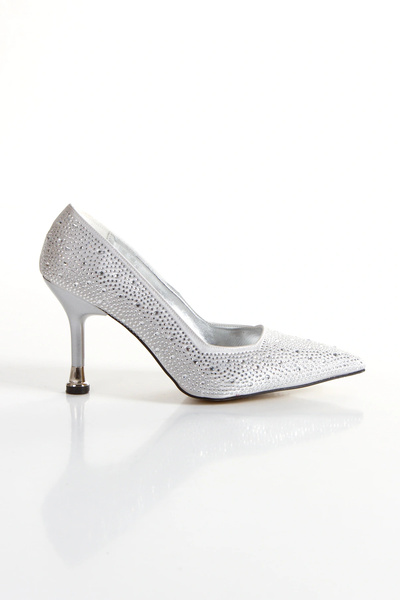 Miss Mitto Women's Silver Satin Covered with Gemstones 8 cm Thin Galvanized Heels Closed Back Comfortable Stiletto