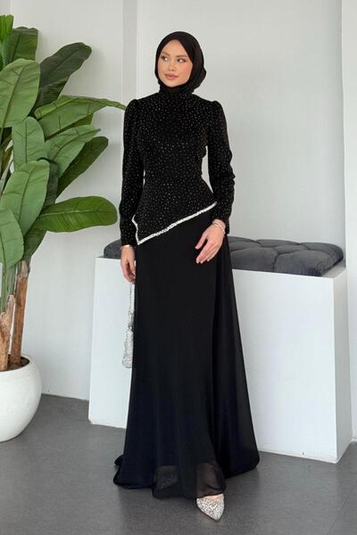 Şulemoda Giyim Βραδινό φόρεμα από σιφόν κάτω από την πέτρα Μαύρο