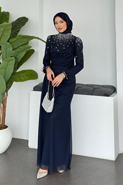 Şulemoda Giyim Βραδινό φόρεμα με μανσέτες από τούλι με πούπουλα σε μπλε ναυτικό