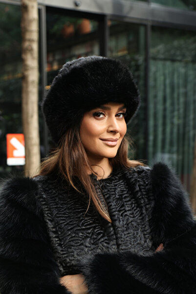 Mağazam Online British Royal Style Kalpak Hat Women's Winter Beanie Plush Faux Fur - Astrakhan Mink Black