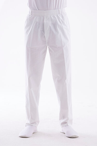 Beratnur Men's White Relaxed Fit Elastic Waist Linen Hajj and Umrah Pants