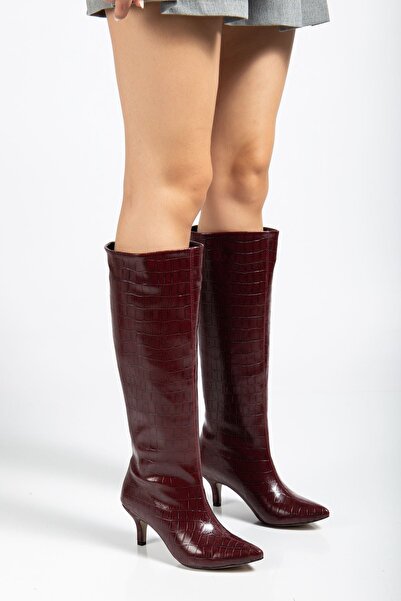 Zerenyus Zeri̇n-2025 Burgundy Crocodile Premium Thin Heeled Daily Women's Boots
