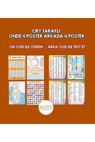 Ayışığı Dizayn 30x42 cm Çift taraflı-Okul-8'li-Çarpım-Türkiye-Ülkeler-Saatler...