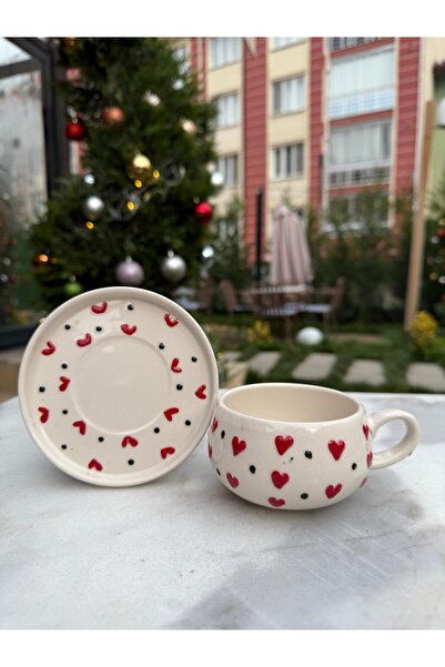 evlashop كوب/مج سيراميك مع طبق بنقش قلب