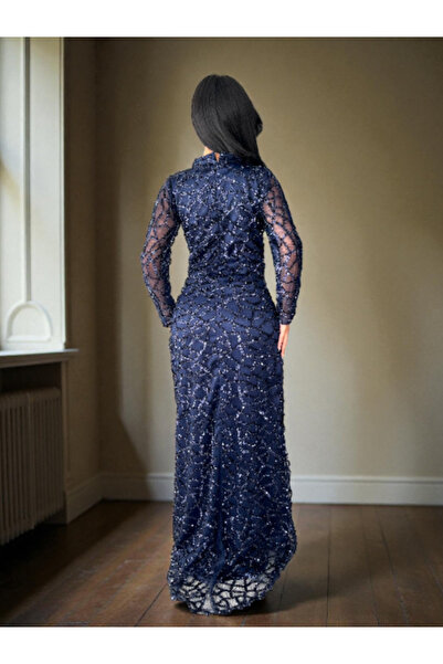 TREN Full-Sequin Floor-Length Gown with Transparent Sleeves and Keyhole Back for Elegant Celebrations