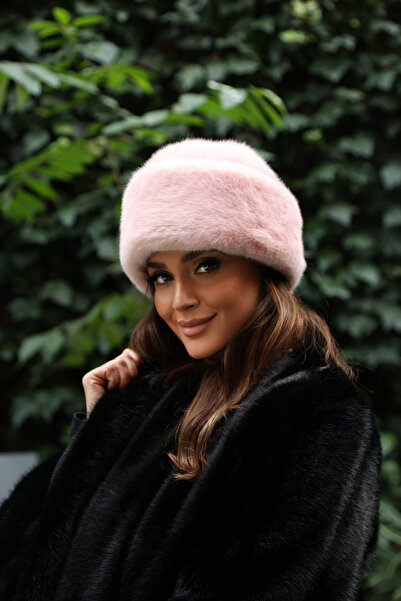 Mağazam Online Premium British Royal Style Kalpak Hat Women's Winter Beanie Plush Faux Fur - Mink Pink