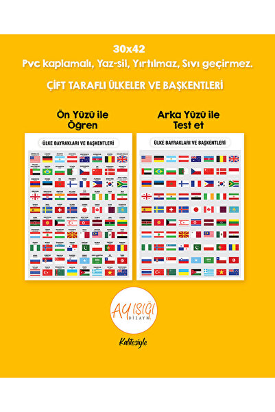 Ayışığı Dizayn Çift Taraflı Ülke Bayrakları Ve Başkentleri Yaz-sil Pvc Kaplam...