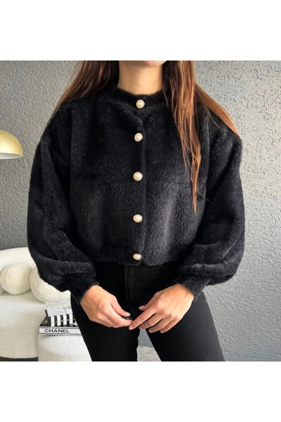 Store Elchee inci düğmeli sıfır yaka balon kol kadın yumoş hırka