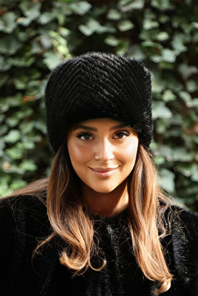 Mağazam Online Women's Winter Kalpak Hat Soft Textured Plush Faux Fur Beanie - Mink Pyramid Black