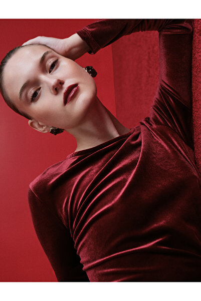 Koton Rochie lungă din catifea guler rotund cu mâneci lungi cu detaliu drapat