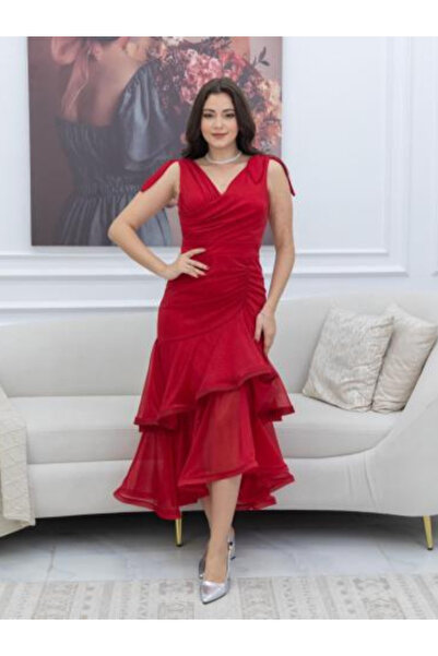 TREN Layered Ruffle Midi Gown with Crossover Neckline and Shoulder Tie Detail for Evening Affairs
