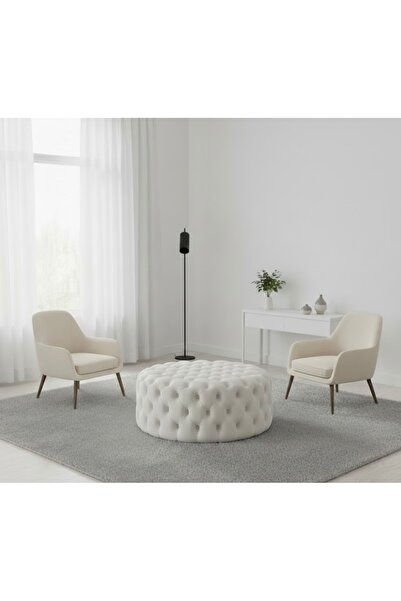 Ebrar Home Design Kadife Chester Yuvarlak Puf Oturma & Orta Sehpa Kapitoneli Puf