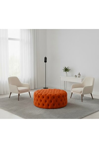 Ebrar Home Design Kadife Chester Yuvarlak Puf Oturma & Orta Sehpa Kapitoneli Puf