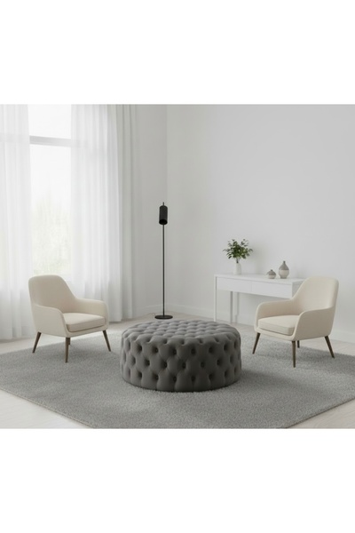 Ebrar Home Design Kadife Chester Yuvarlak Puf Oturma & Orta Sehpa Kapitoneli Puf