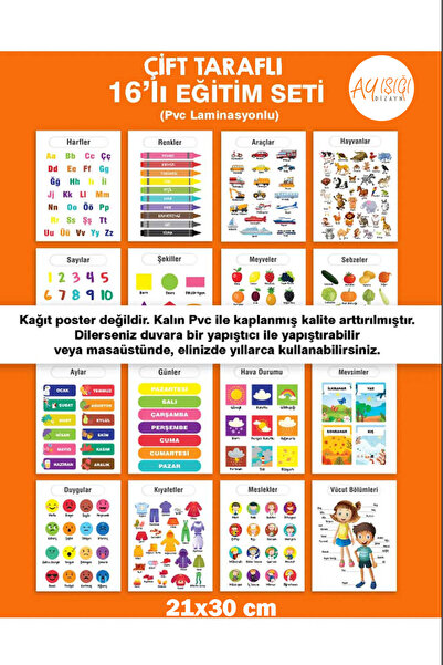 Ayışığı Dizayn Çift taraflı TÜRKÇE 16'lı Eğitim Seti Okul Öncesi - Ilköğretim...