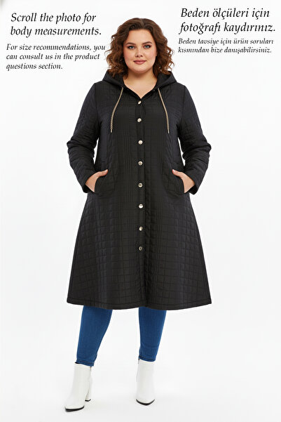 Laden Γυναικείο παλτό μεγάλου μεγέθους καπιτονέ ελαφρύ Battal Mother υψηλής ποιότητας μαύρο με κουκούλα