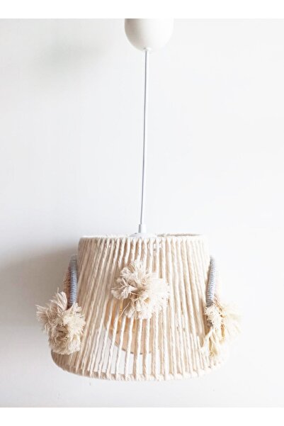 C&A&B KUZEY AVİZE Ekru Makrome Ip Sargı Gökkuşağı Aplikeli El Yapımı Ponponlu Kız Bebek Ve Çocuk Odası Avize(8)