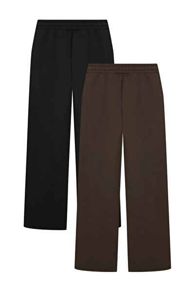 veres Women's Black and Brown Two-Piece High-Waisted Winter Fleece-Lined Wide-Leg Sweatpants with Stitched Cuffs