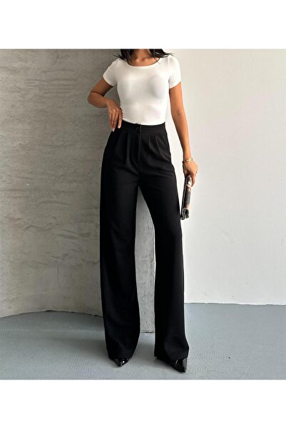 modazoom Дамски черни плисирани панталони Palazzo с висока талия