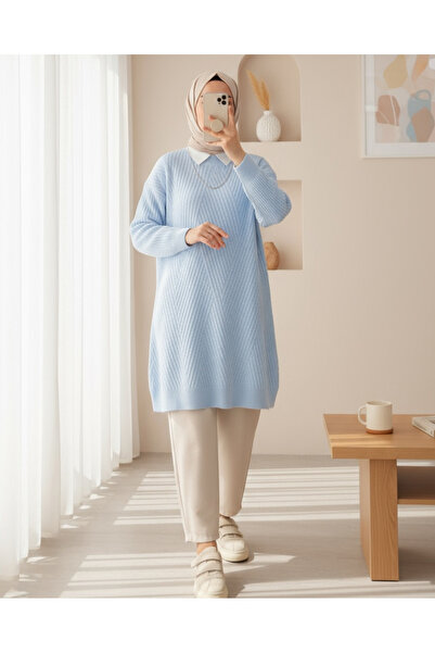 Modamorfo Pulover tricotat cu decolteu rotund cu model Baklava - Bebe Blue