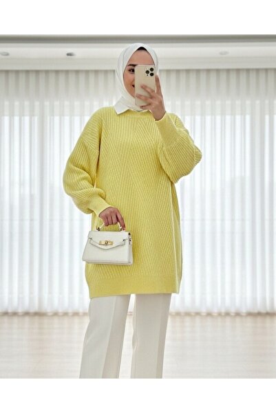 Modamorfo Bisiklet Yaka Baklava Desen Triko Kazak -Açık Sarı