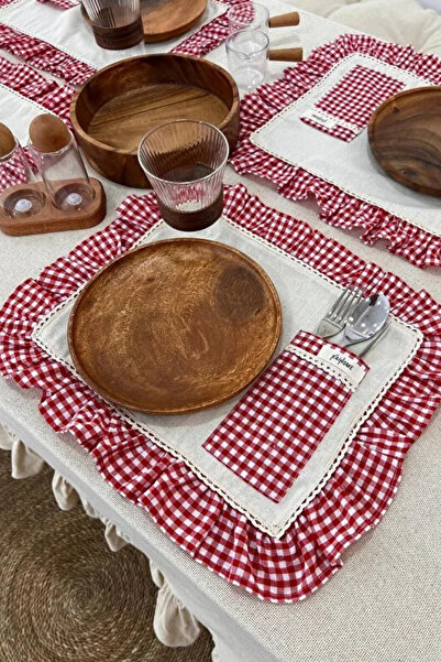 KaiHome 6Lı Cepli Ham Keten Kareli Fırfır Detaylı Amerikan Servis/ Supla