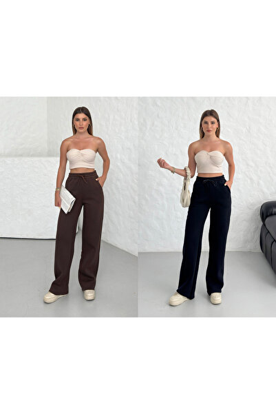 veres Women's Black and Brown Two-Piece High-Waisted Winter Fleece-Lined Wide-Leg Sweatpants with Stitched Cuffs